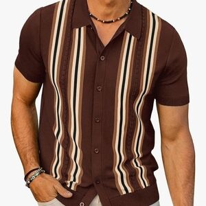 Men's Vintage Casual Brown Striped Button Down Shirt